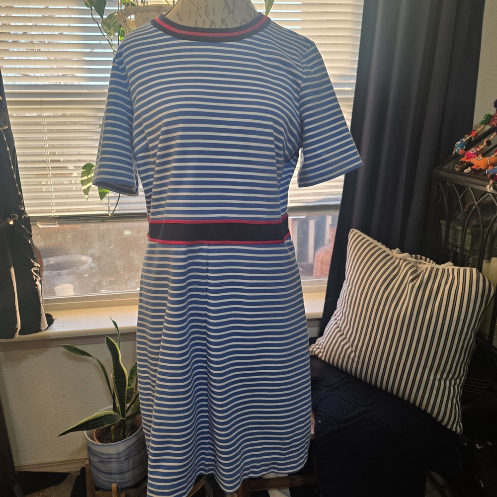Draper James Blue and White Striped Dress with Navy Trim